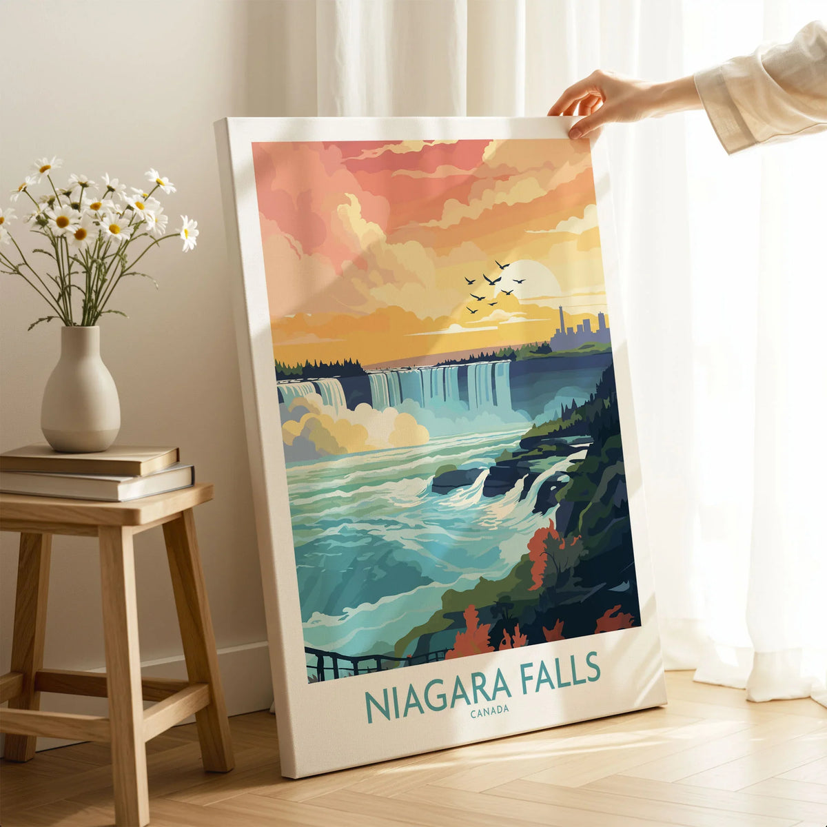 Niagara Falls Poster on stretched canvas with mirror-wrap edges, held by hand in a room setting