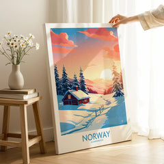 Norway Poster Print on stretched canvas with mirror-wrap edges, held by hand in a room setting