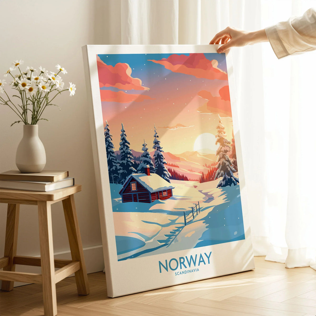 Norway Poster Print on stretched canvas with mirror-wrap edges, held by hand in a room setting