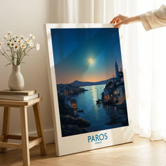 Paros Poster Greece on stretched canvas with mirror-wrap edges, held by hand in a room setting