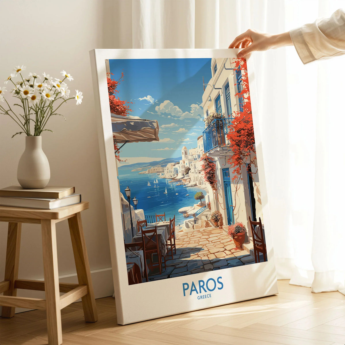 Paros Wall Art Greece on stretched canvas with mirror-wrap edges, held by hand in a room setting