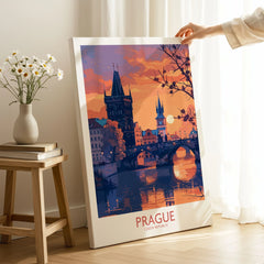 Prague Print on stretched canvas with mirror-wrap edges, held by hand in a room setting
