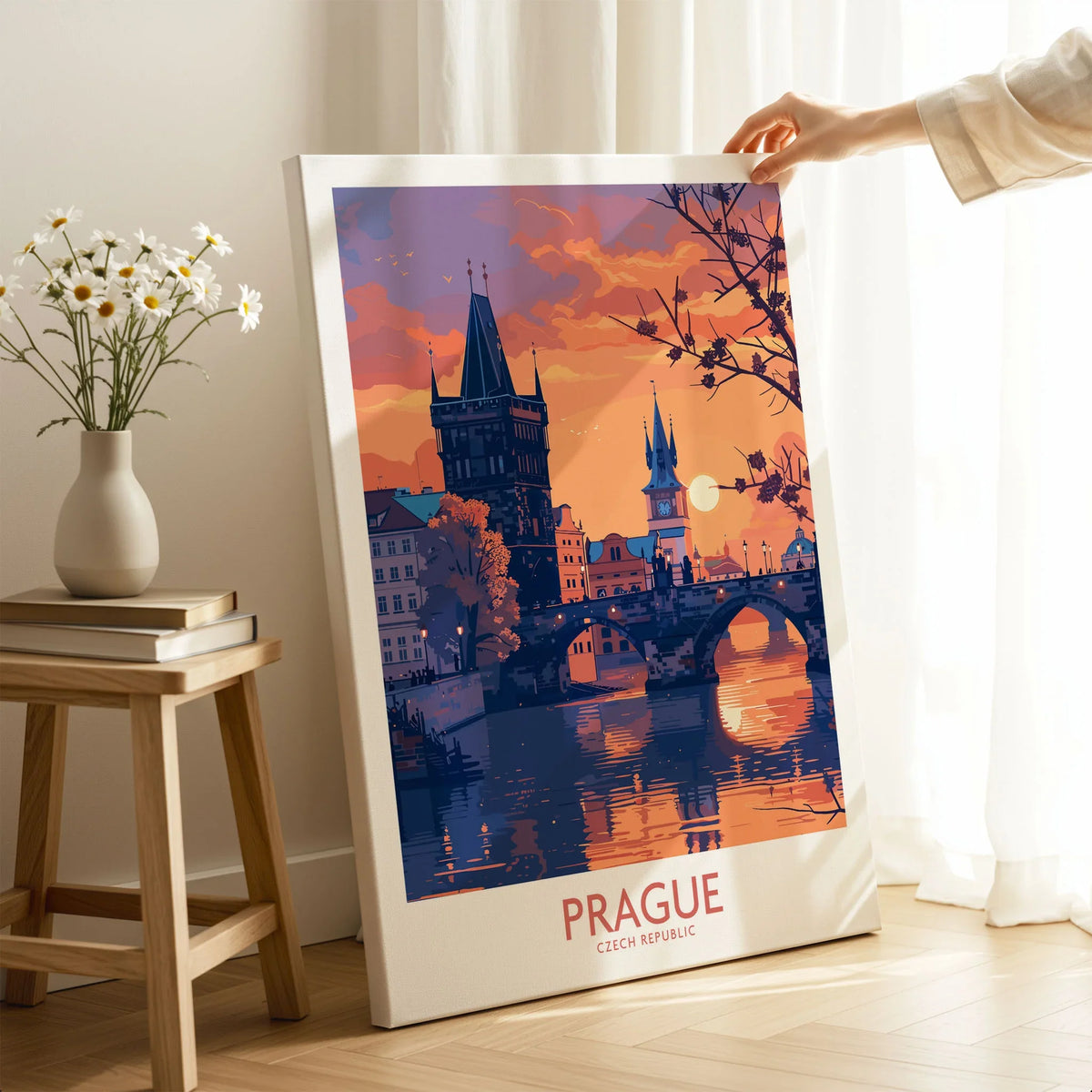 Prague Print on stretched canvas with mirror-wrap edges, held by hand in a room setting