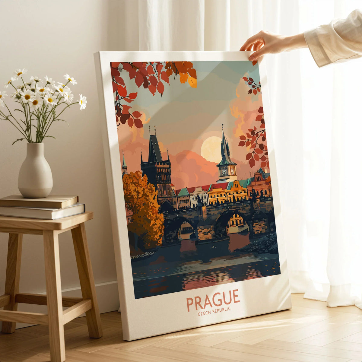 Prague Travel Print on stretched canvas with mirror-wrap edges, held by hand in a room setting