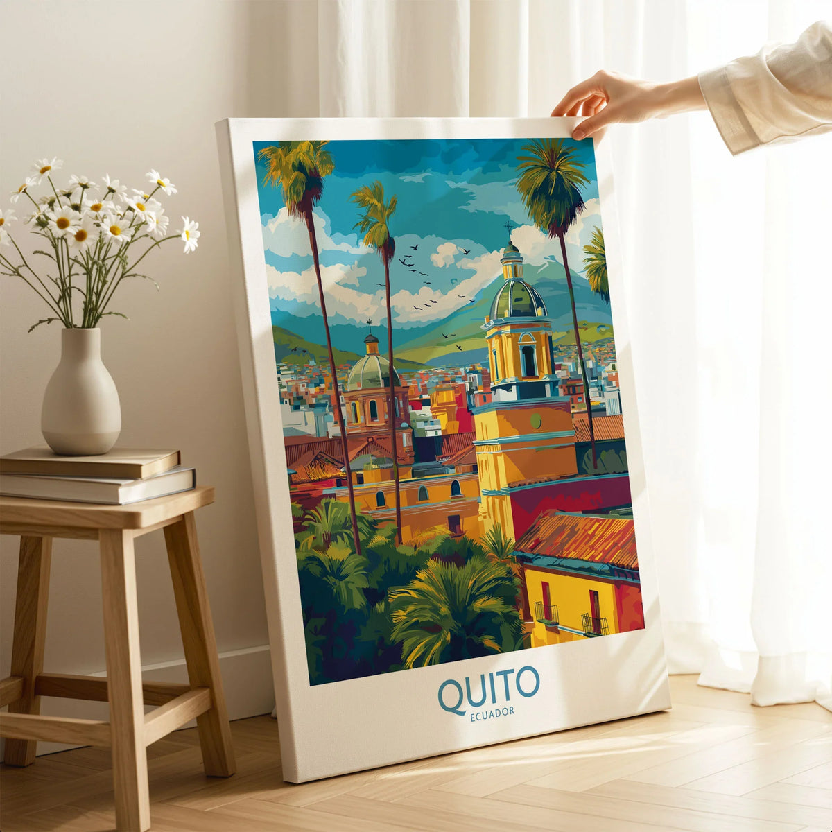 Ecuador Quito Cityscape Travel Print Poster Colonial Churches Andes Mountain Wall Art on stretched canvas with mirror-wrap edges, held by hand in a room setting