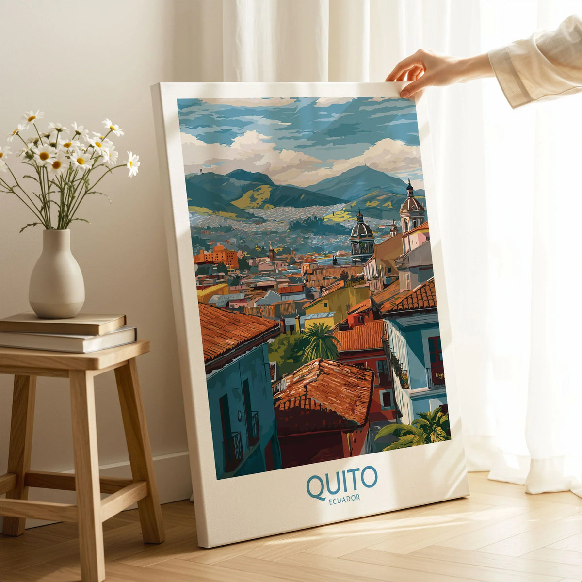 Ecuador Quito Rooftops Travel Poster City View Print Andes Landscape Wall Art South America on stretched canvas with mirror-wrap edges, held by hand in a room setting