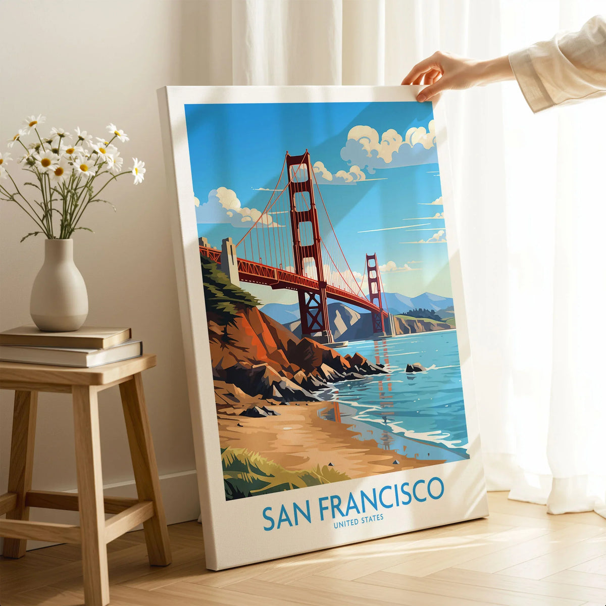 San Francisco Poster on stretched canvas with mirror-wrap edges, held by hand in a room setting