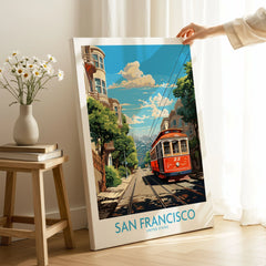 San Francisco Wall Prints on stretched canvas with mirror-wrap edges, held by hand in a room setting