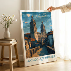 Santiago de Compostela Art Print | Galician Travel Poster on stretched canvas with mirror-wrap edges, held by hand in a room setting
