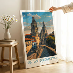 Santiago de Compostela Pilgrimage End Art Print | Cathedral Facade Poster on stretched canvas with mirror-wrap edges, held by hand in a room setting