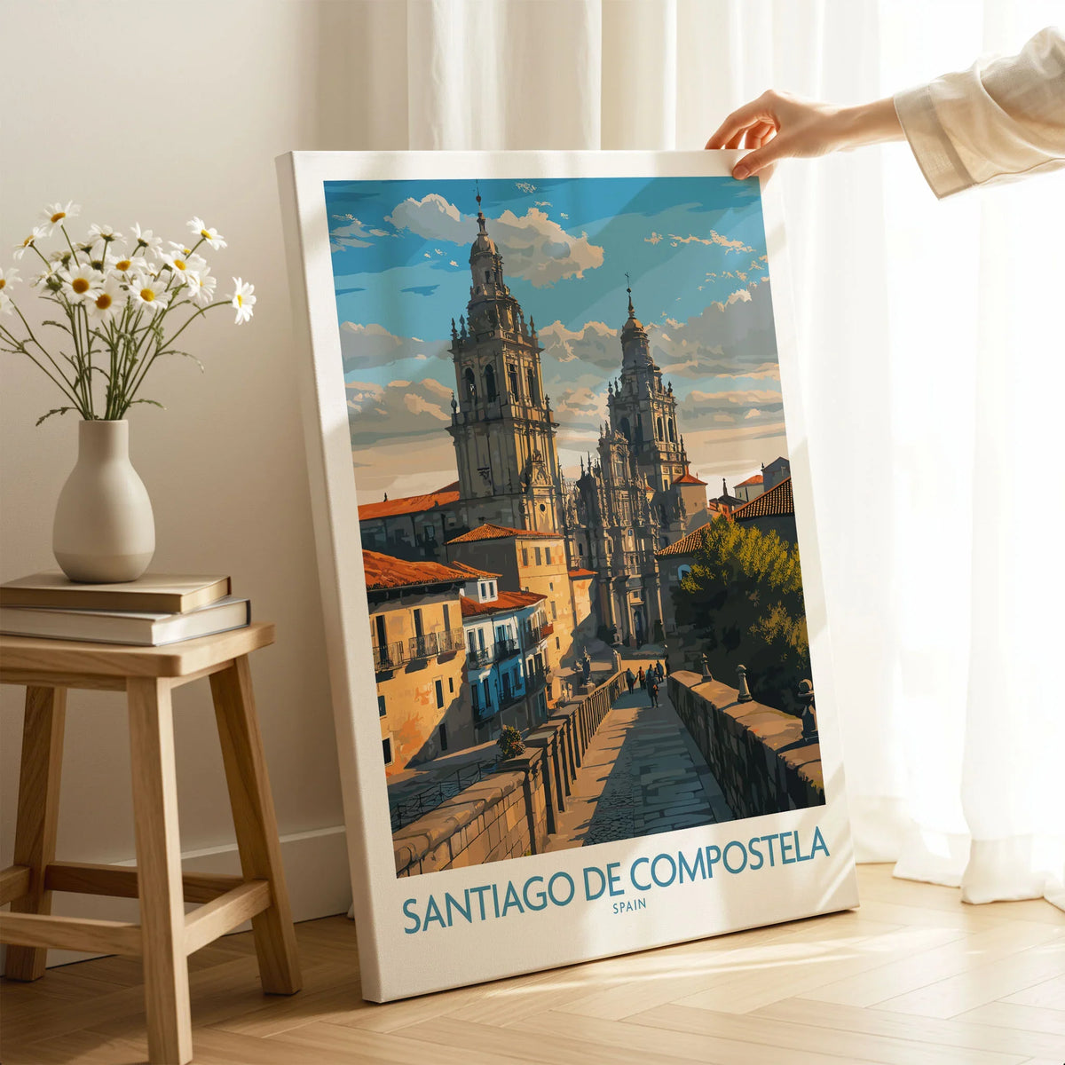 Santiago de Compostela Pilgrimage End Art Print | Cathedral Facade Poster on stretched canvas with mirror-wrap edges, held by hand in a room setting