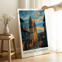 Santiago de Compostela Cathedral Art Print | Cityscape Poster on stretched canvas with mirror-wrap edges, held by hand in a room setting