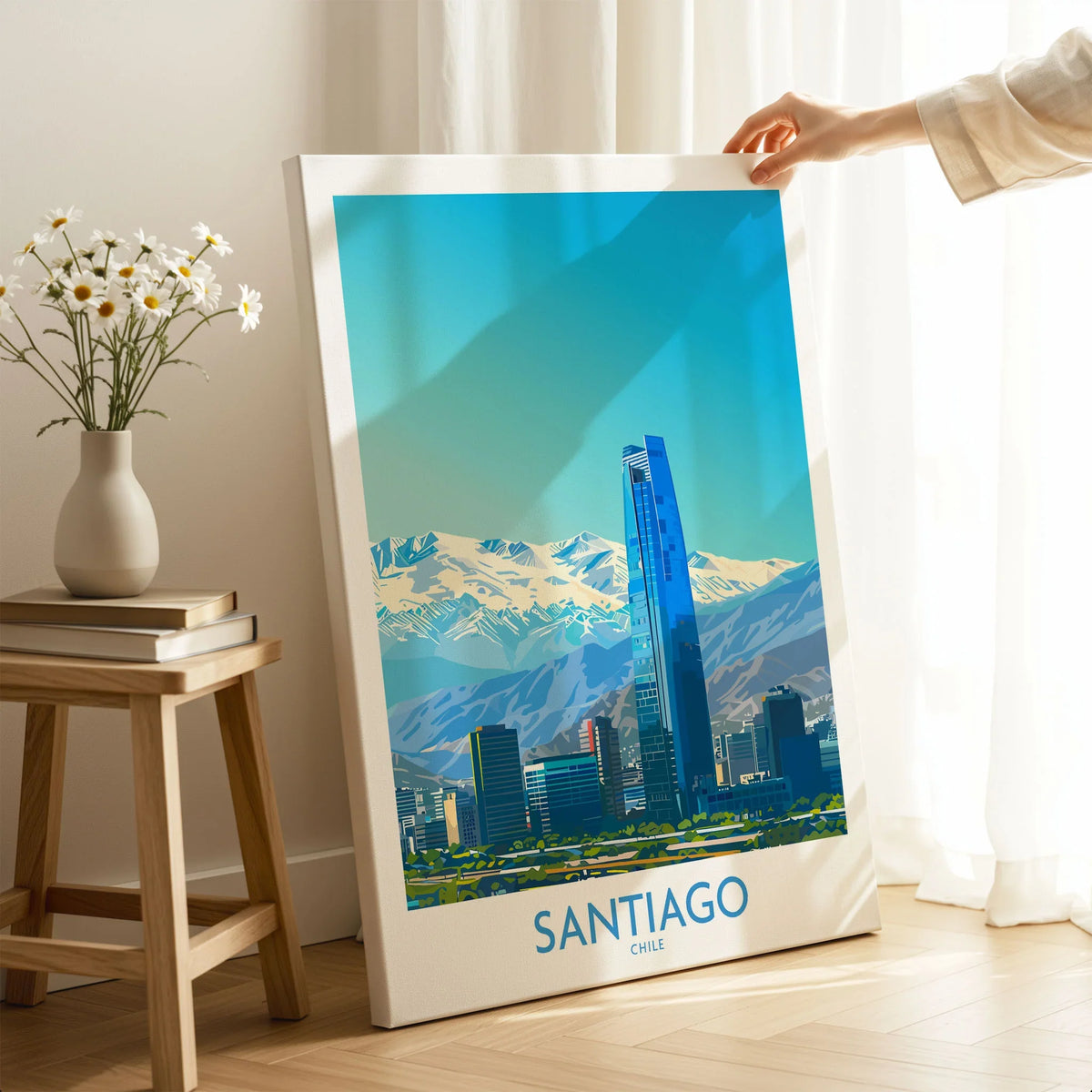 Santiago Wall Art Print - Chile on stretched canvas with mirror-wrap edges, held by hand in a room setting