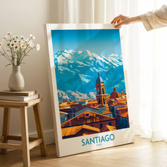 Santiago Wall Art Poster - Chile on stretched canvas with mirror-wrap edges, held by hand in a room setting