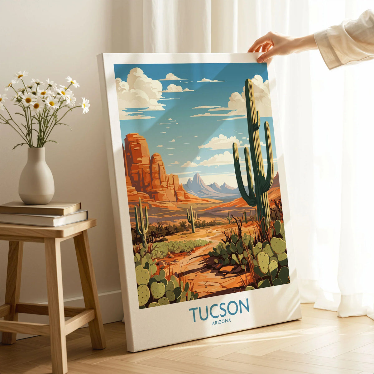 Tucson Arizona Wall Art on stretched canvas with mirror-wrap edges, held by hand in a room setting