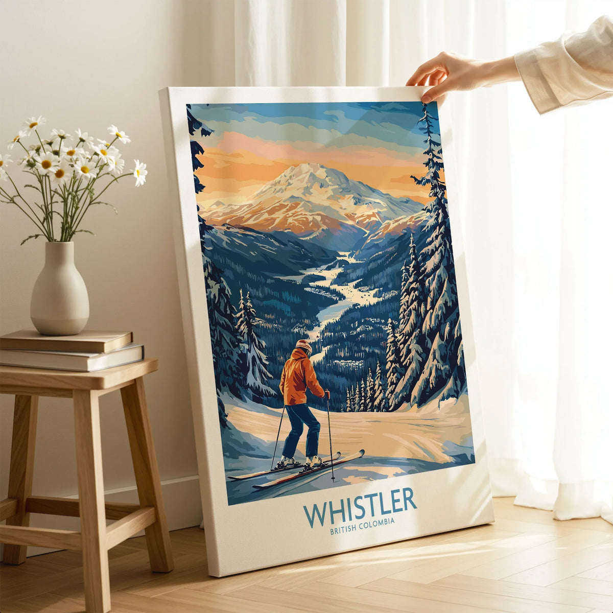 Whistler Ski Print - British Columbia on stretched canvas with mirror-wrap edges, held by hand in a room setting