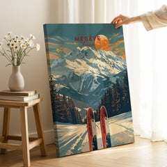 Megève Travel Poster - France on stretched canvas with mirror-wrap edges, held by hand in a room setting