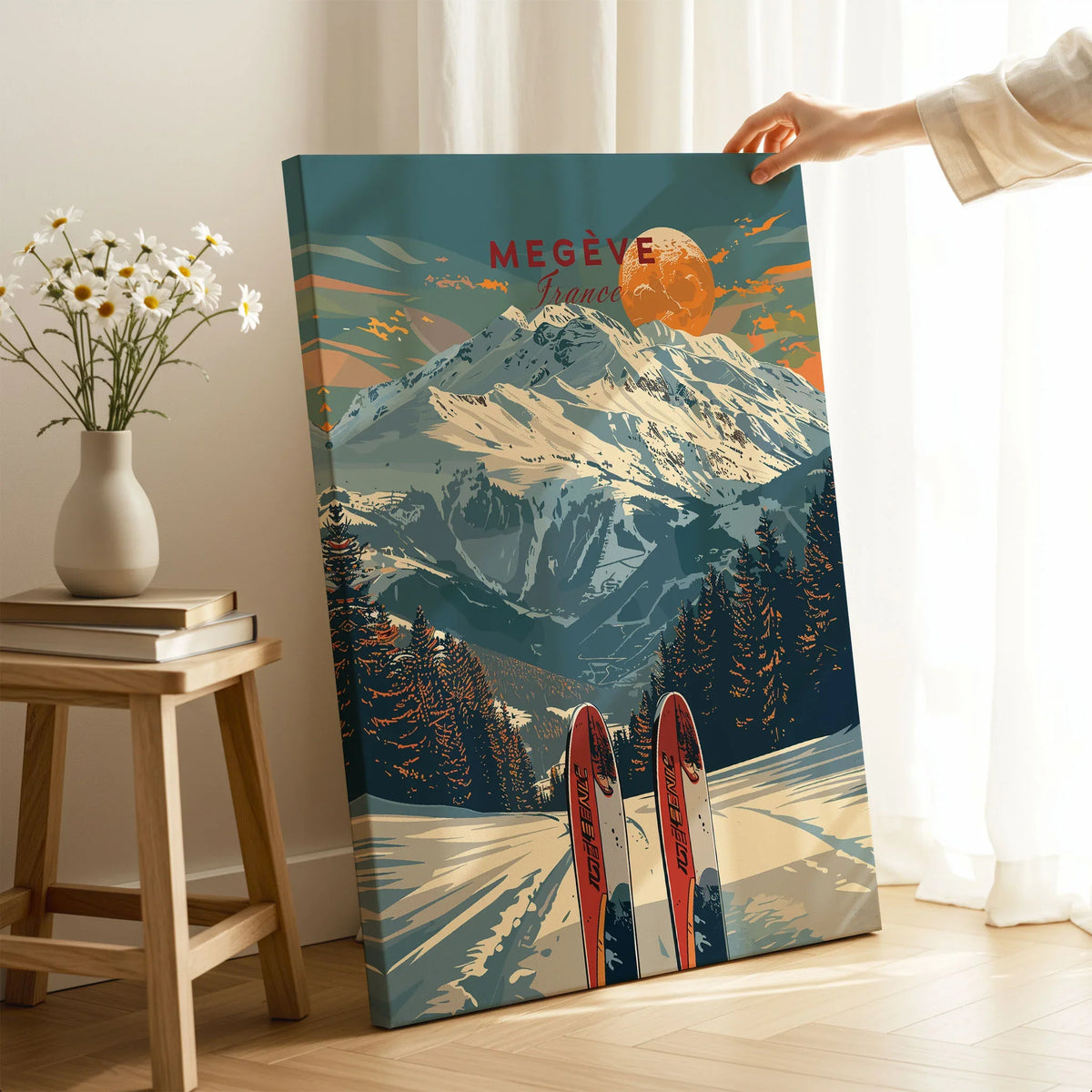 Megève Travel Poster - France on stretched canvas with mirror-wrap edges, held by hand in a room setting