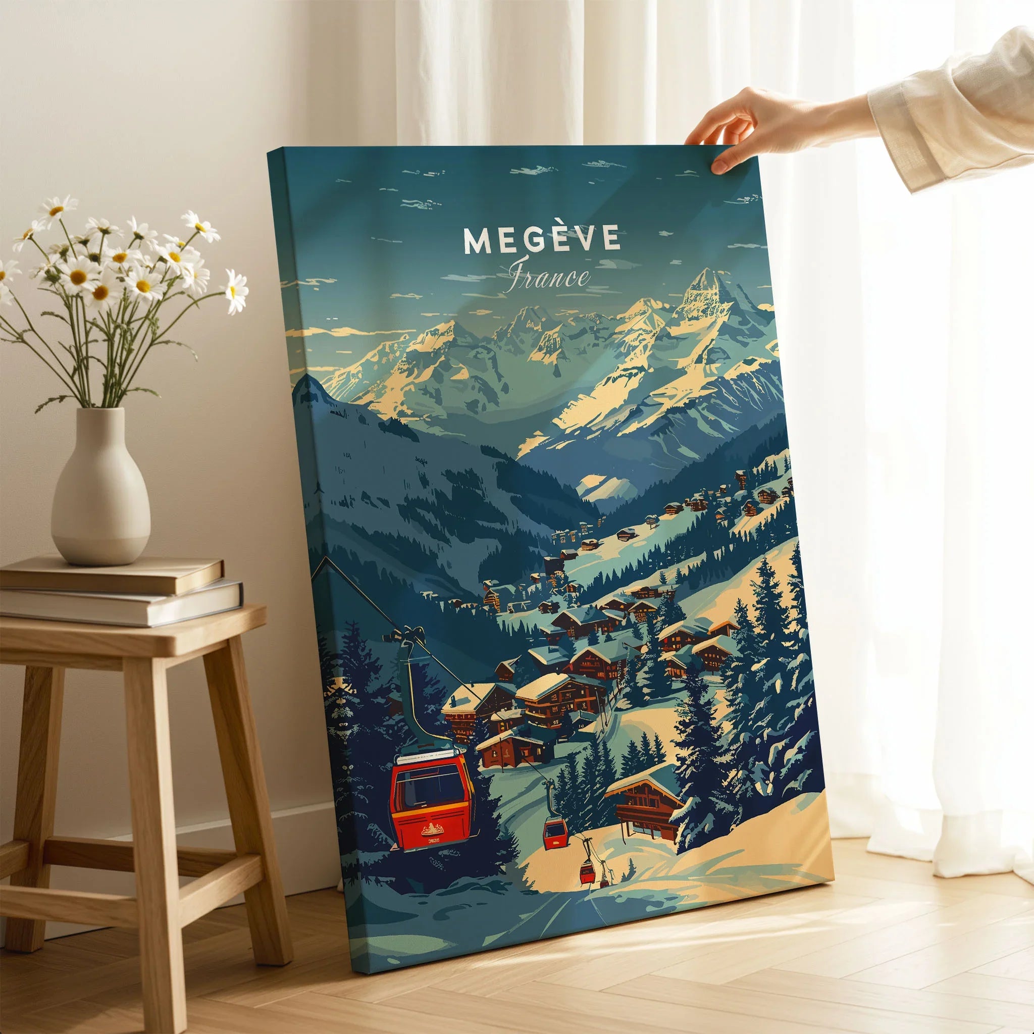 Megève Print France Ski Poster on stretched canvas with mirror-wrap edges, held by hand in a room setting