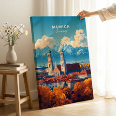 Munich Travel Print on stretched canvas with mirror-wrap edges, held by hand in a room setting