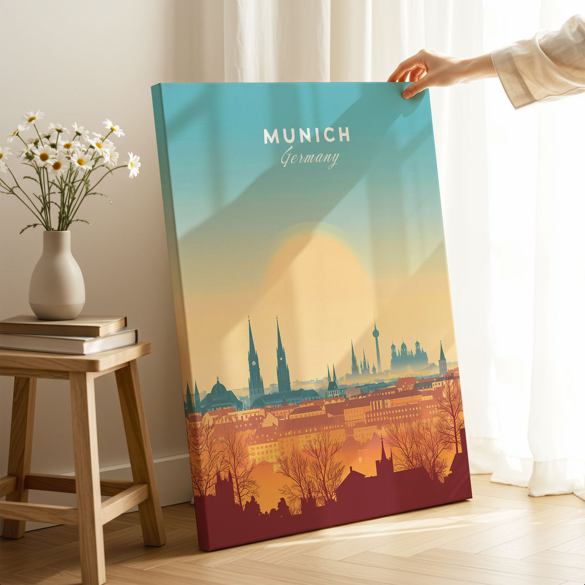Munich Wall Art on stretched canvas with mirror-wrap edges, held by hand in a room setting