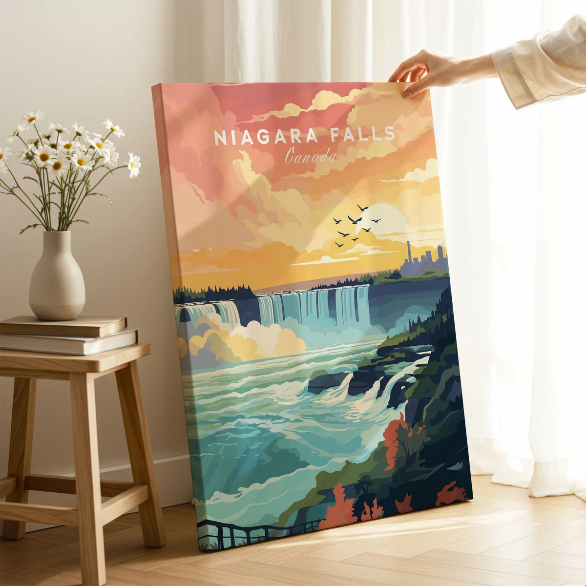 Niagara Falls Print on stretched canvas with mirror-wrap edges, held by hand in a room setting