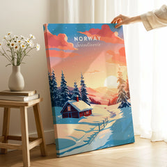 Norway Art Print on stretched canvas with mirror-wrap edges, held by hand in a room setting