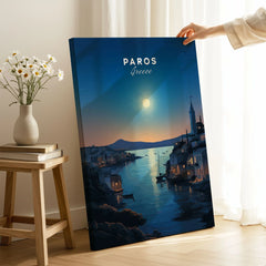 Paros Greece Print on stretched canvas with mirror-wrap edges, held by hand in a room setting