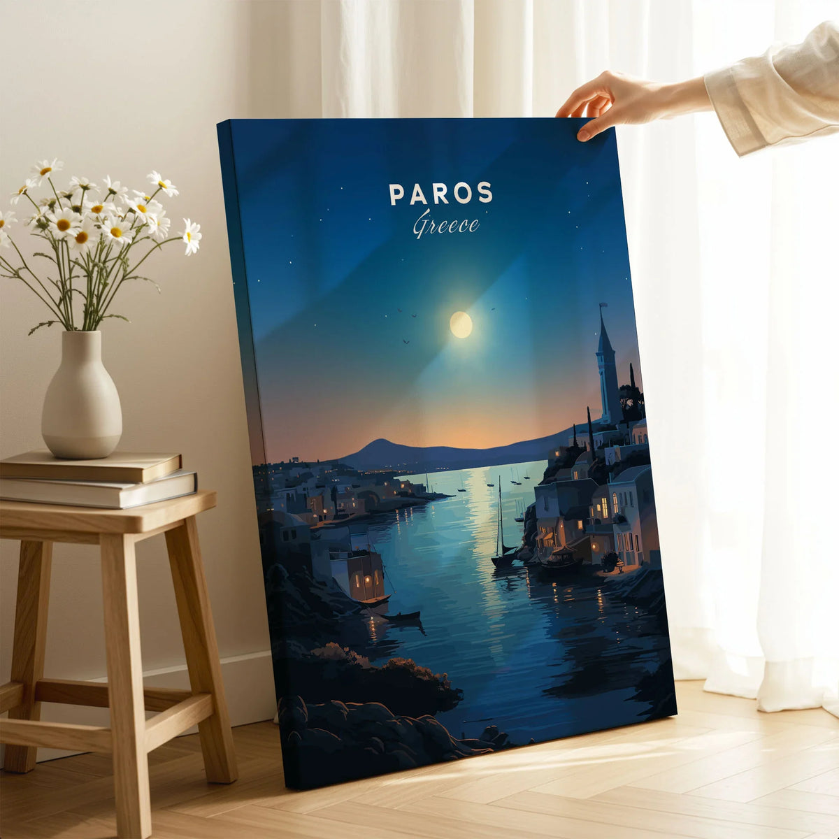 Paros Greece Print on stretched canvas with mirror-wrap edges, held by hand in a room setting