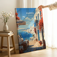 Paros Travel Poster on stretched canvas with mirror-wrap edges, held by hand in a room setting
