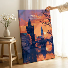 Prague Poster on stretched canvas with mirror-wrap edges, held by hand in a room setting