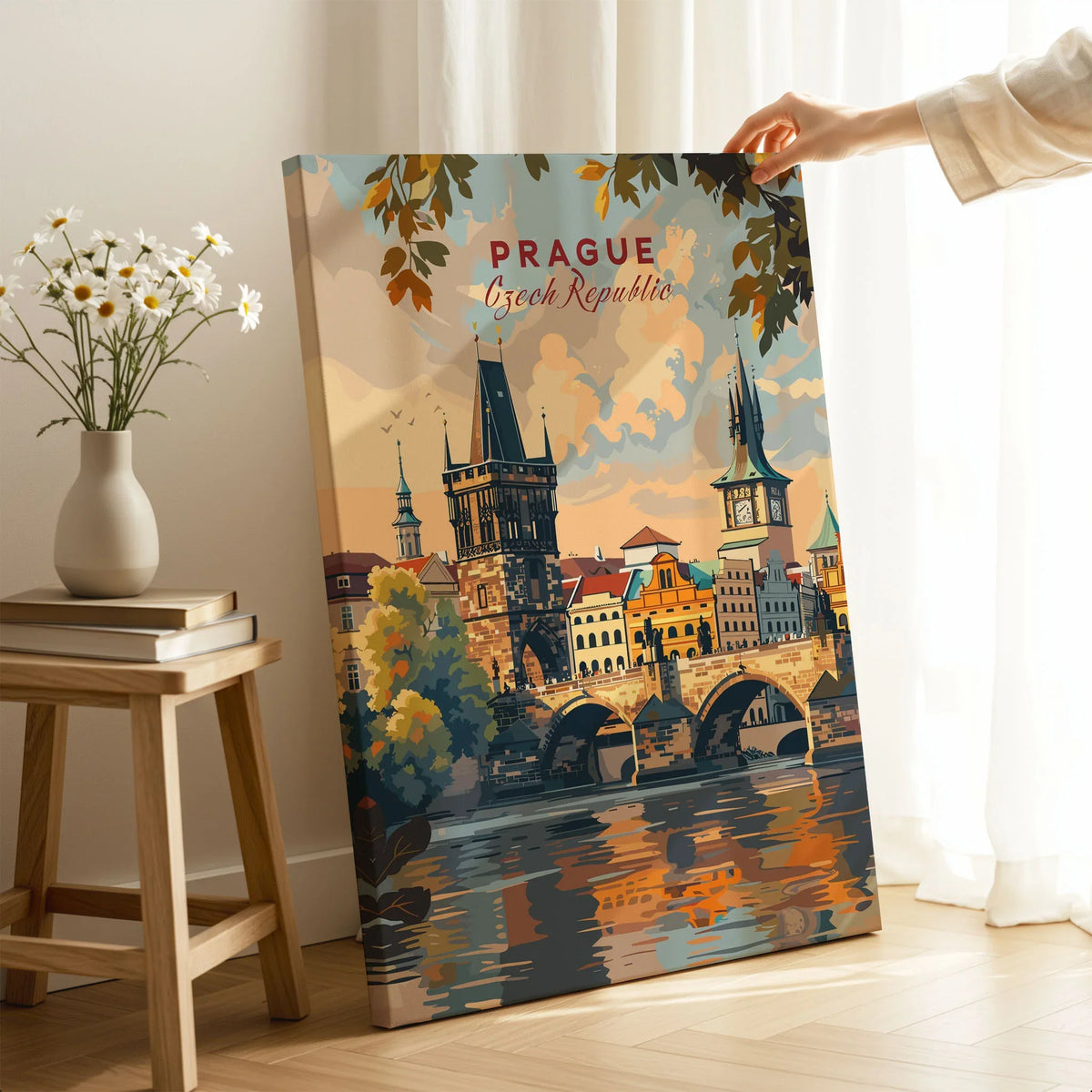 Prague Wall Art on stretched canvas with mirror-wrap edges, held by hand in a room setting