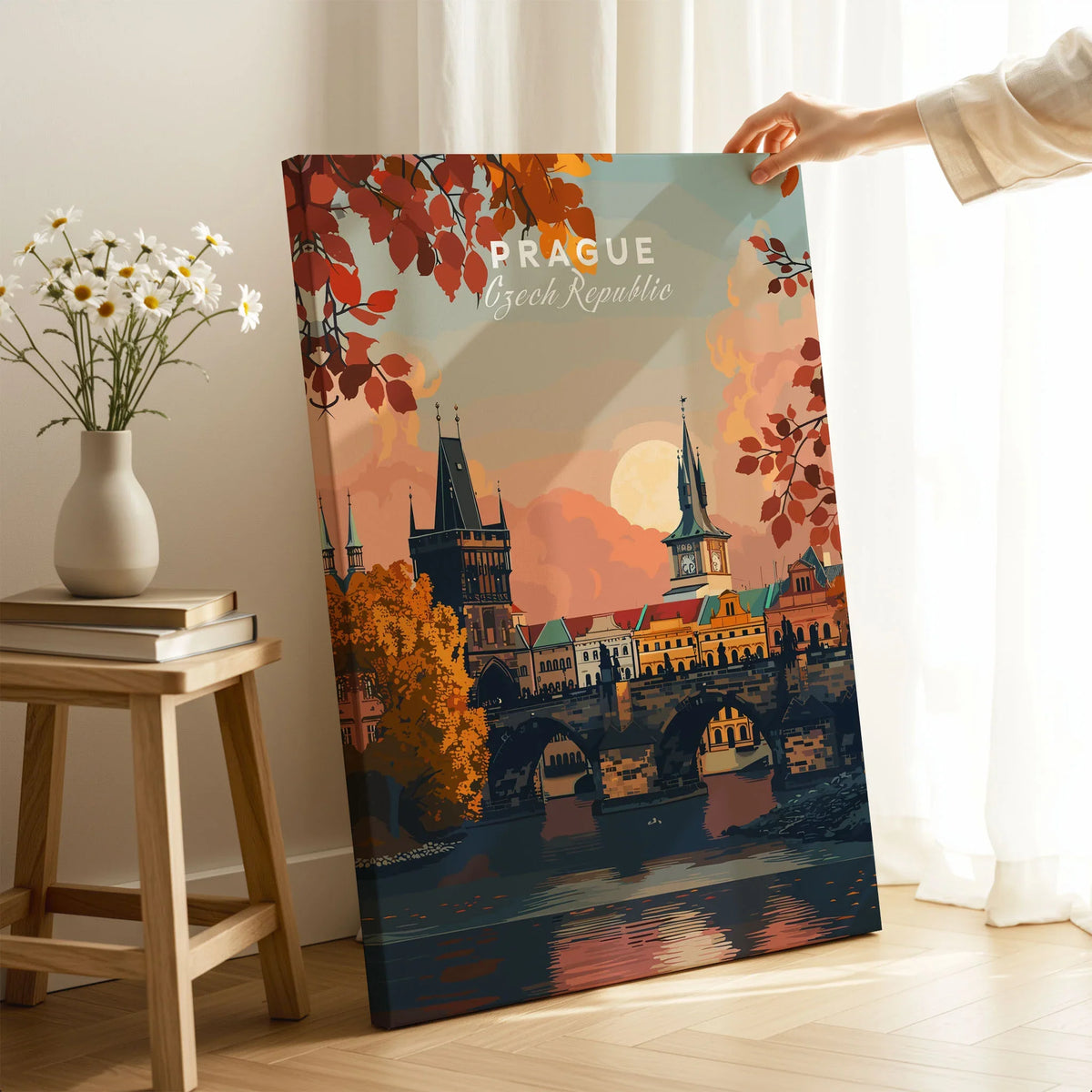 Prague Art Print on stretched canvas with mirror-wrap edges, held by hand in a room setting