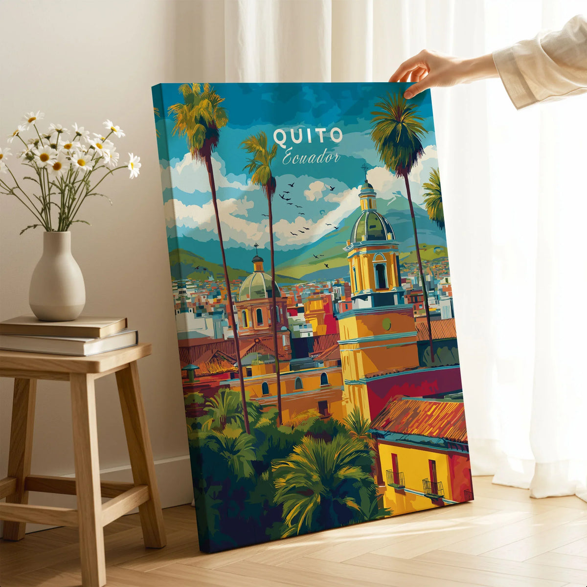 Quito Ecuador Travel Poster Cityscape Print Churches Palm Trees Andes Wall Art Decor on stretched canvas with mirror-wrap edges, held by hand in a room setting