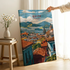 Quito Ecuador Travel Print Rooftop View Poster Cityscape Andes Hills Wall Art Decor on stretched canvas with mirror-wrap edges, held by hand in a room setting