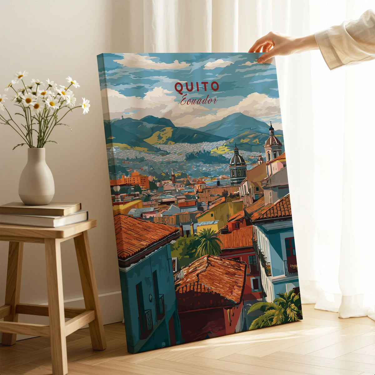 Quito Ecuador Travel Print Rooftop View Poster Cityscape Andes Hills Wall Art Decor on stretched canvas with mirror-wrap edges, held by hand in a room setting