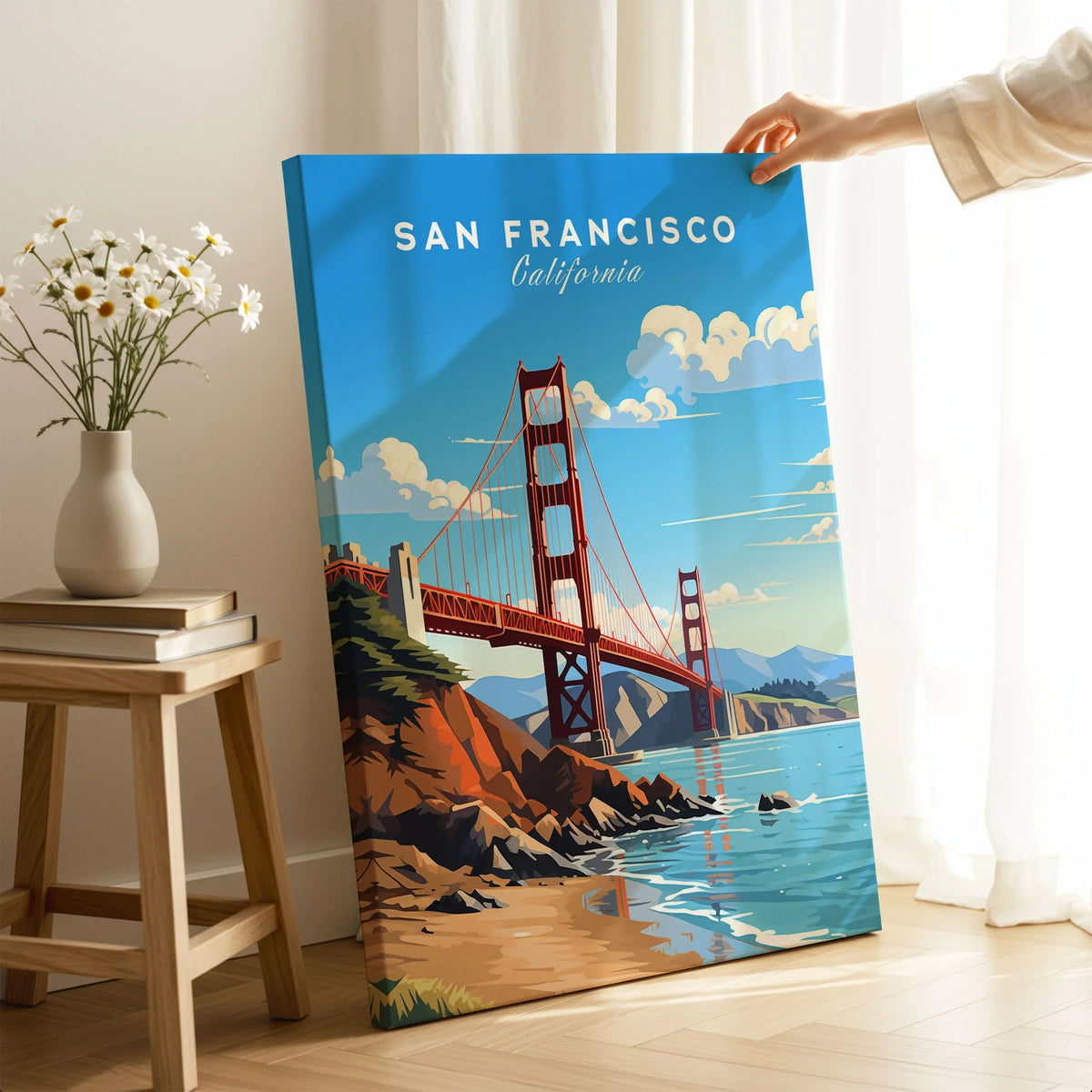 San Francisco Print on stretched canvas with mirror-wrap edges, held by hand in a room setting