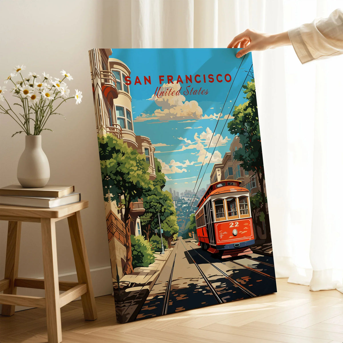 San Francisco Wall Art on stretched canvas with mirror-wrap edges, held by hand in a room setting