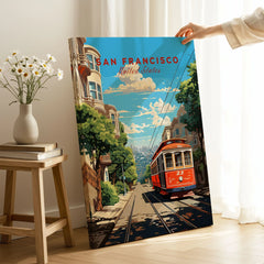 San Francisco Wall Art on stretched canvas with mirror-wrap edges, held by hand in a room setting