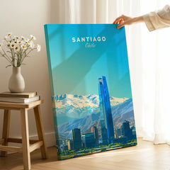 Santiago Travel Poster - Chile on stretched canvas with mirror-wrap edges, held by hand in a room setting