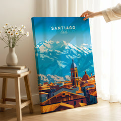 Santiago Travel Print - Chile Poster on stretched canvas with mirror-wrap edges, held by hand in a room setting