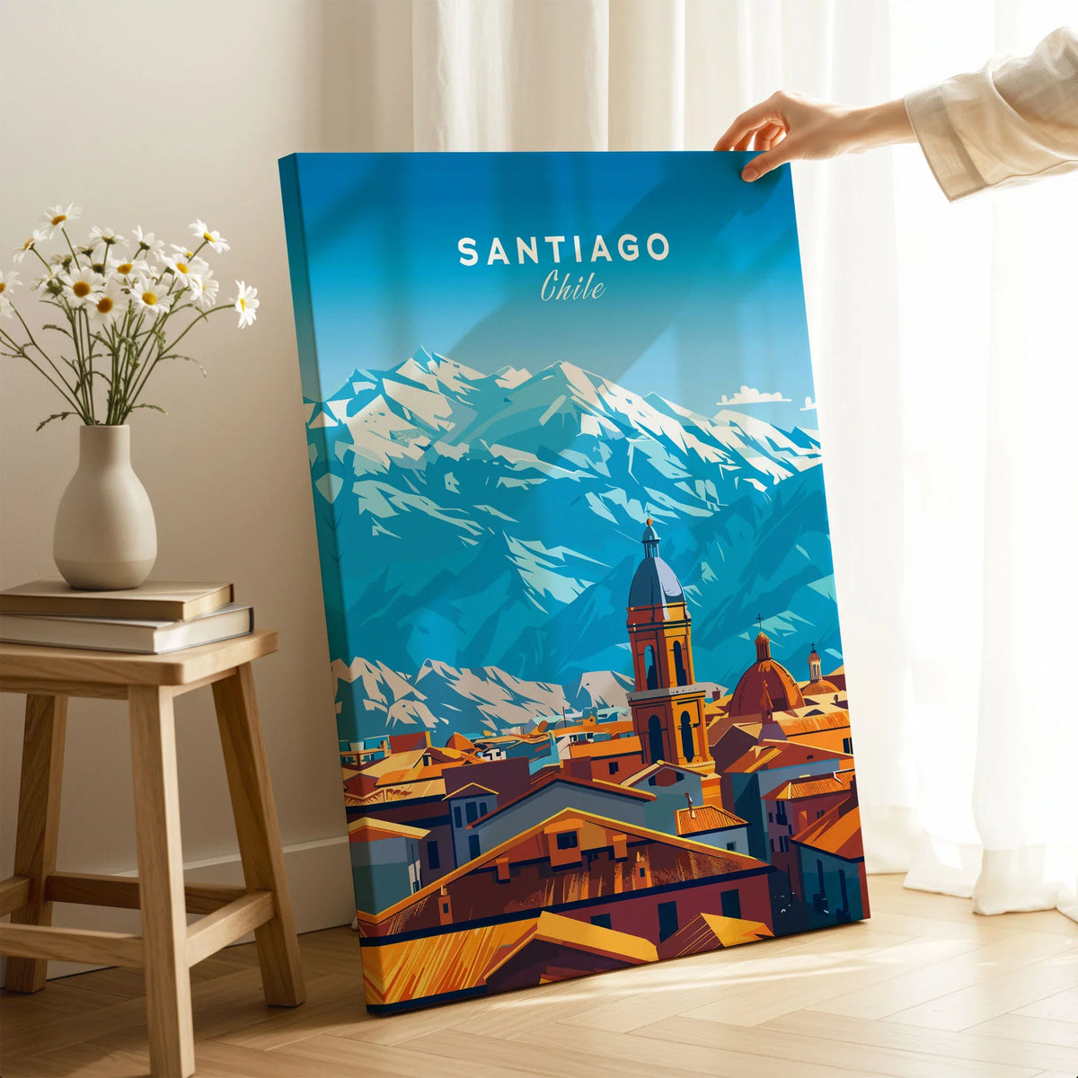 Santiago Travel Print - Chile Poster on stretched canvas with mirror-wrap edges, held by hand in a room setting