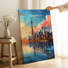 Toronto Poster on stretched canvas with mirror-wrap edges, held by hand in a room setting
