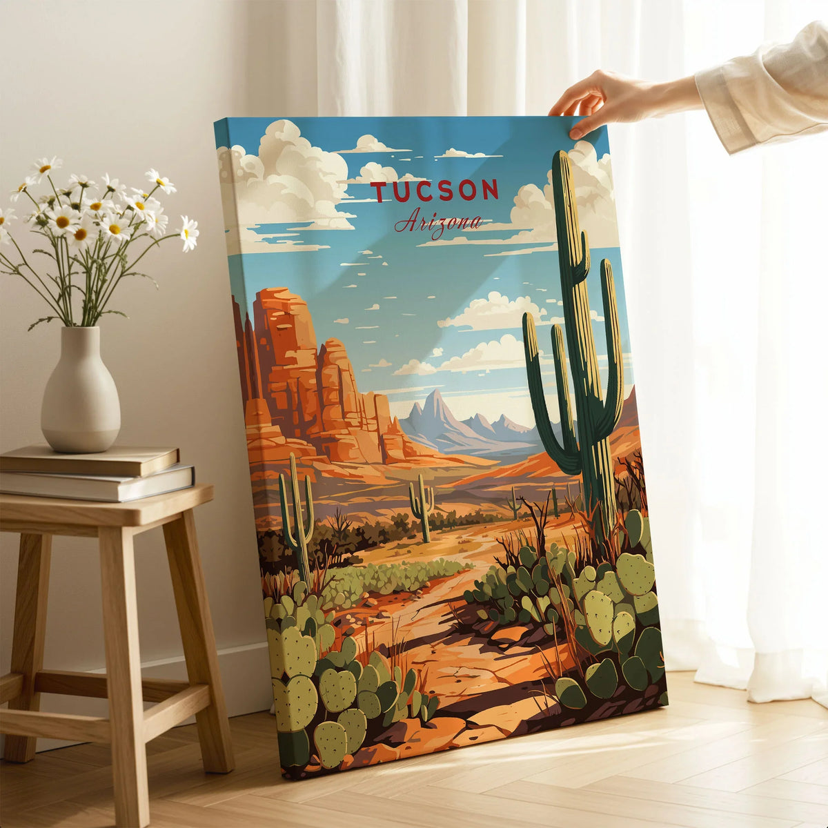 Tucson Arizona Print on stretched canvas with mirror-wrap edges, held by hand in a room setting