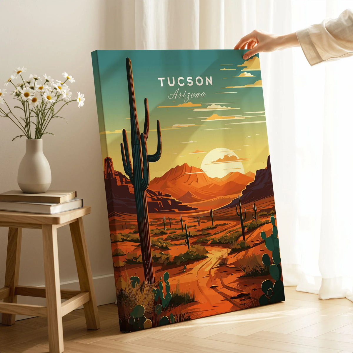 Tucson Arizona Poster on stretched canvas with mirror-wrap edges, held by hand in a room setting