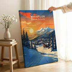 Whistler Wall Art Ski Print on stretched canvas with mirror-wrap edges, held by hand in a room setting