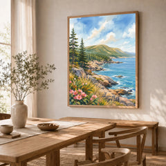 Acadia National Park rocky coastline and pines watercolour art print in a natural wood frame in a dining room