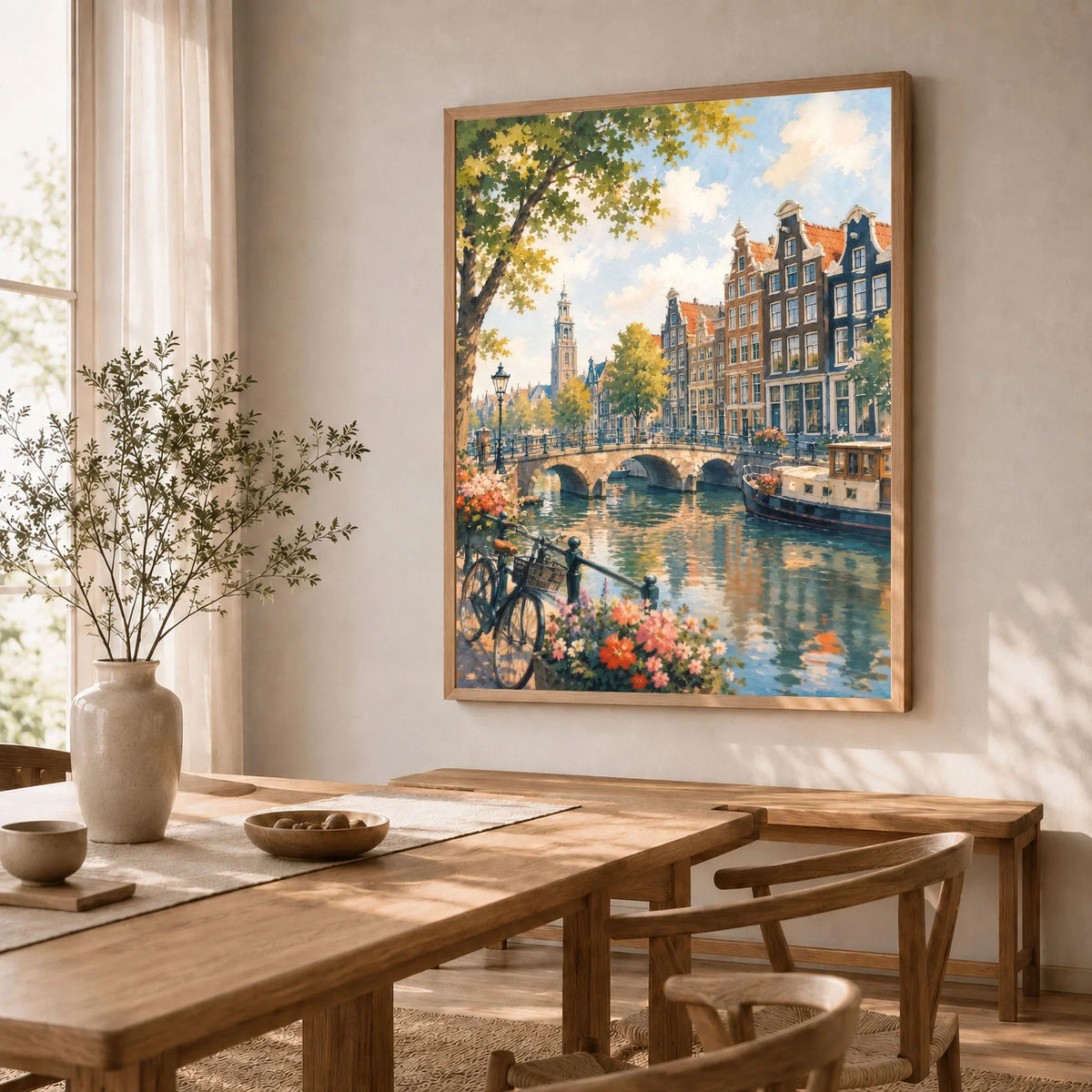 Amsterdam canal houses and bridge watercolour art print in a natural wood frame in a dining room
