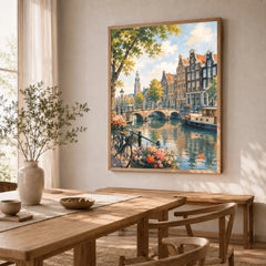 Amsterdam canal houses and bridge watercolour art print in a natural wood frame in a dining room