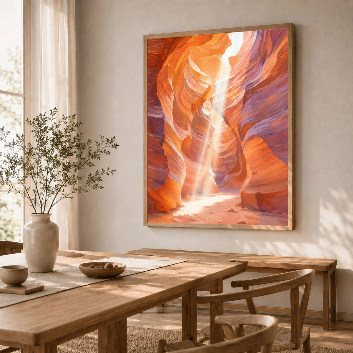 Antelope Canyon slot canyon light beam watercolour art print in a natural wood frame in a dining room